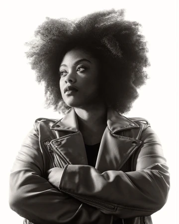 Portrait of a Black woman with an afro wearing a leather jacket with arms crossed, photographed by Kremer Johnson.